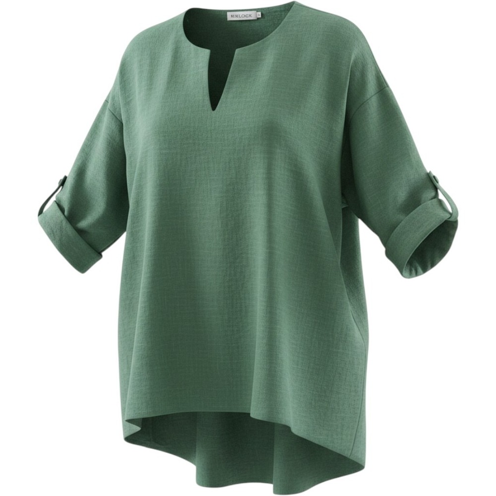 Misslook Green High Low Split Neck Button Tab Sleeve Blouse Top Large